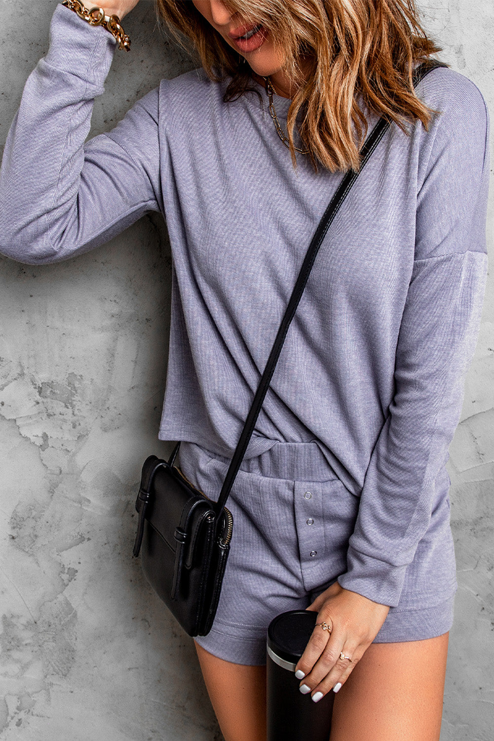 Grey Ribbed Knit Drop-Shoulder Sleeve Top and Shorts Lounge Set