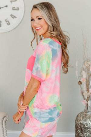 Pink Tie Dye T Shirt and Drawstring Shorts Lounge Set