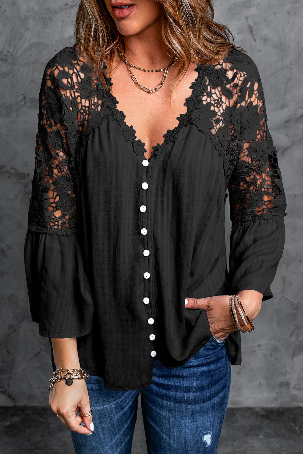 Black Crochet Lace Button Top