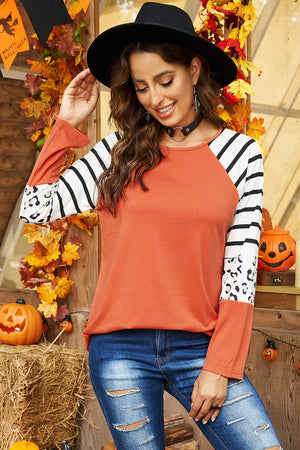 Orange Striped Animal Print Colorblock Long Sleeve Top
