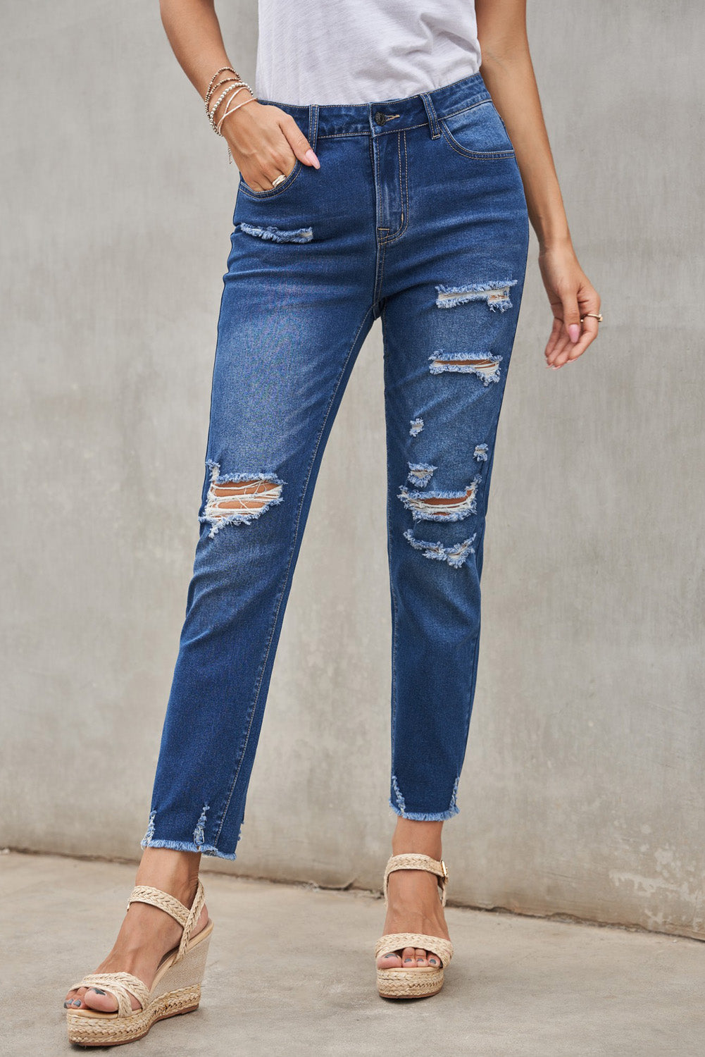 Light Blue Distressed Boyfriend Denim Pants