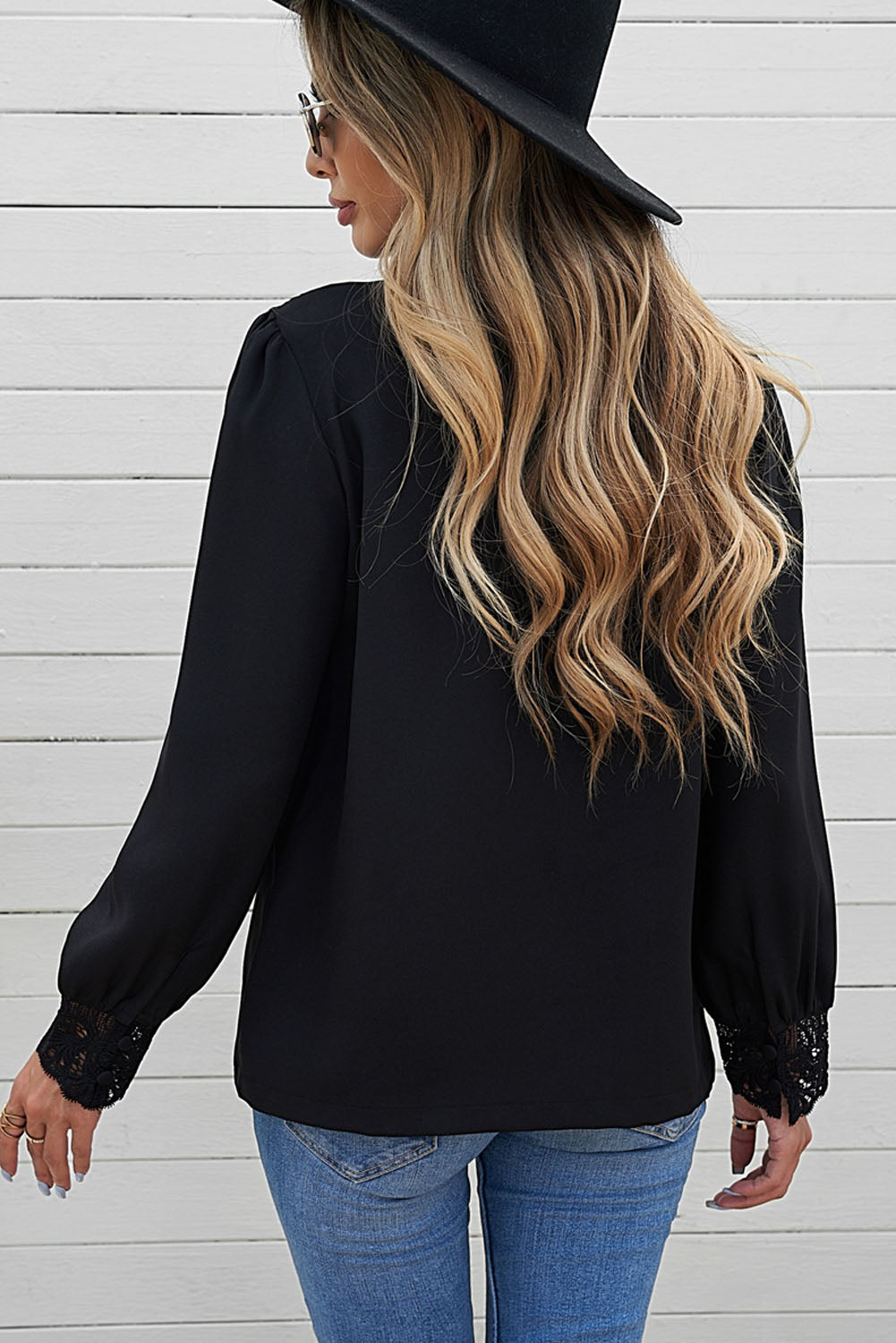 Black Lace Splicing Buttoned Shirt