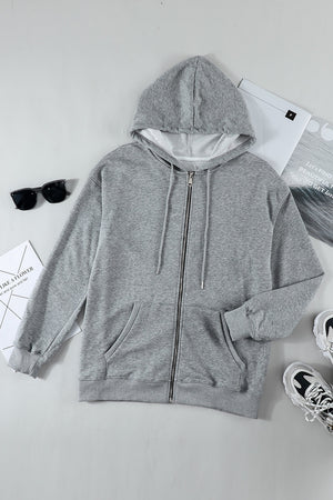 Gray Zip Hooded Coat with Pocket