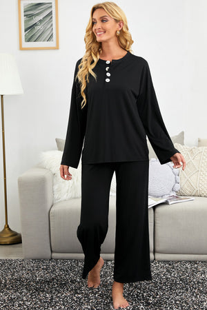 Black Long Sleeve Buttoned Wide Leg Lounge Wear