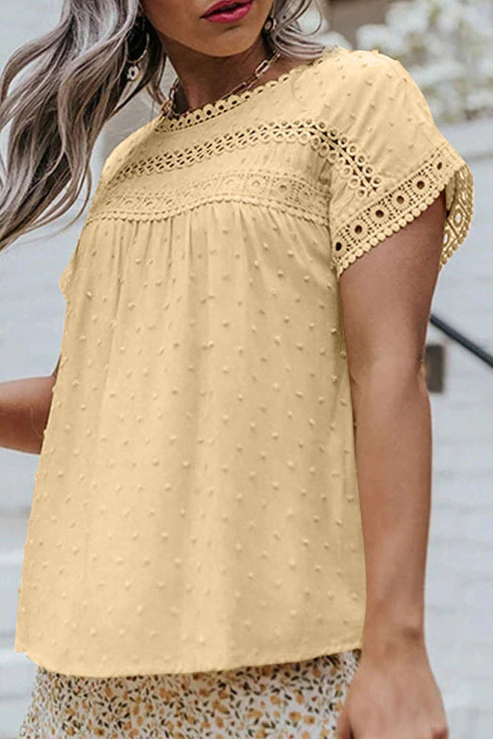 Swiss Dot Lace Splicing Short Sleeve Top