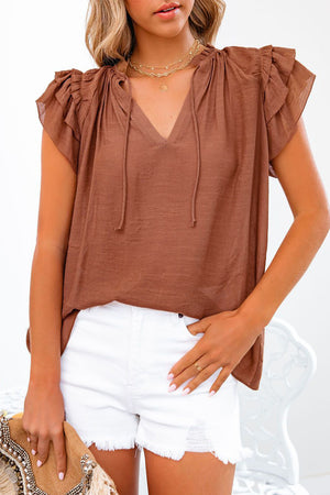 Brown Tiered Ruffled Drawstring V Neck Top