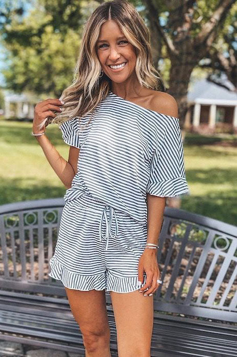 Striped Ruffle Top and Shorts Lounge Set