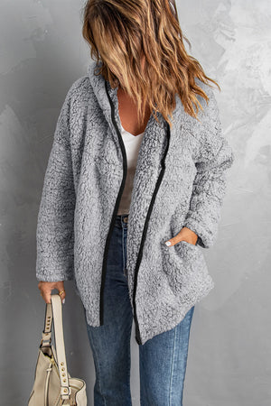 Dark Gray Open Front Long Sleeve Hooded Sherpa Coat