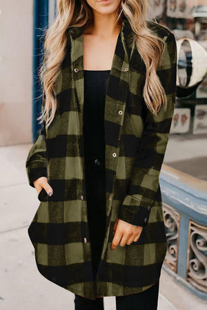 Green Turn-down Collar Plaid Shirt Coat