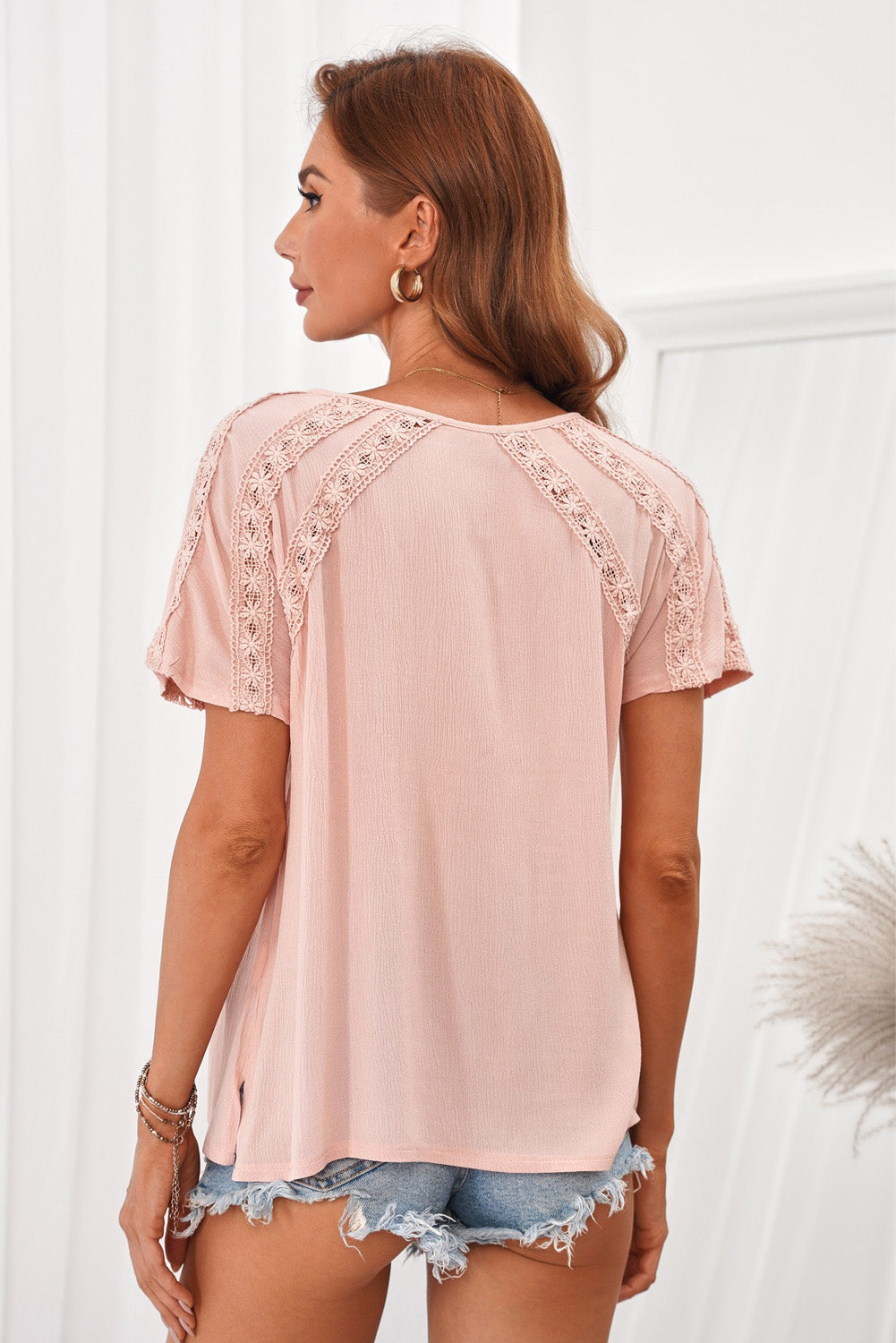 Pink Crochet Eyelet Short Sleeves Top