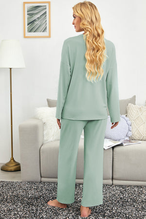 Green Long Sleeve Buttoned Wide Leg Lounge Wear