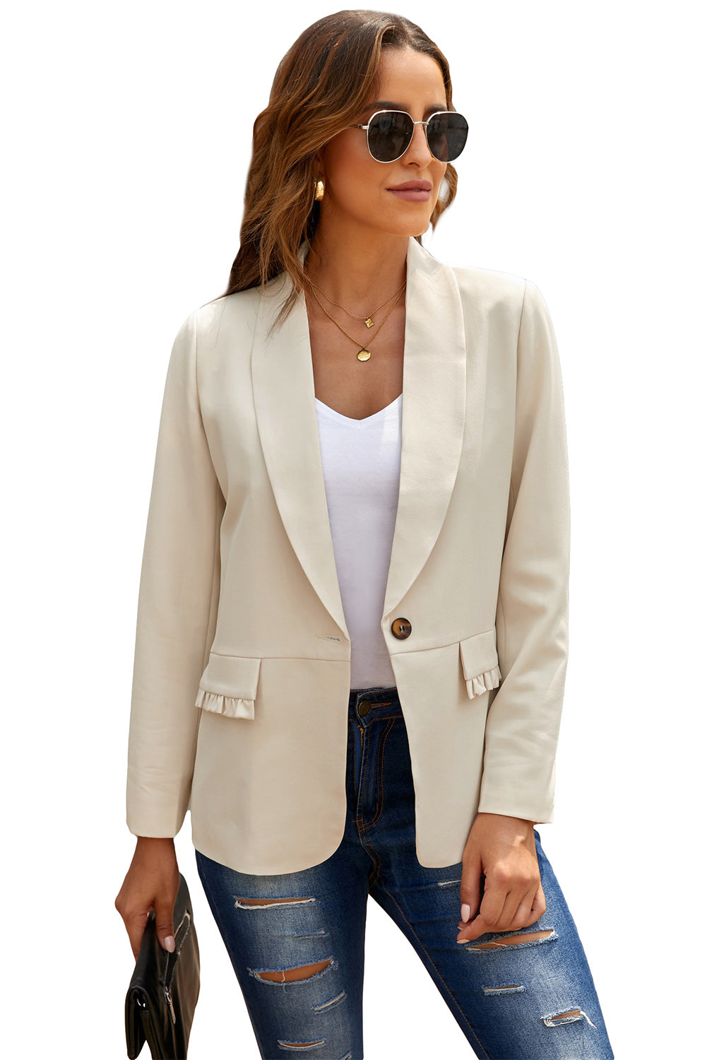 Beige Lapel Collar Button Pocket Blazer