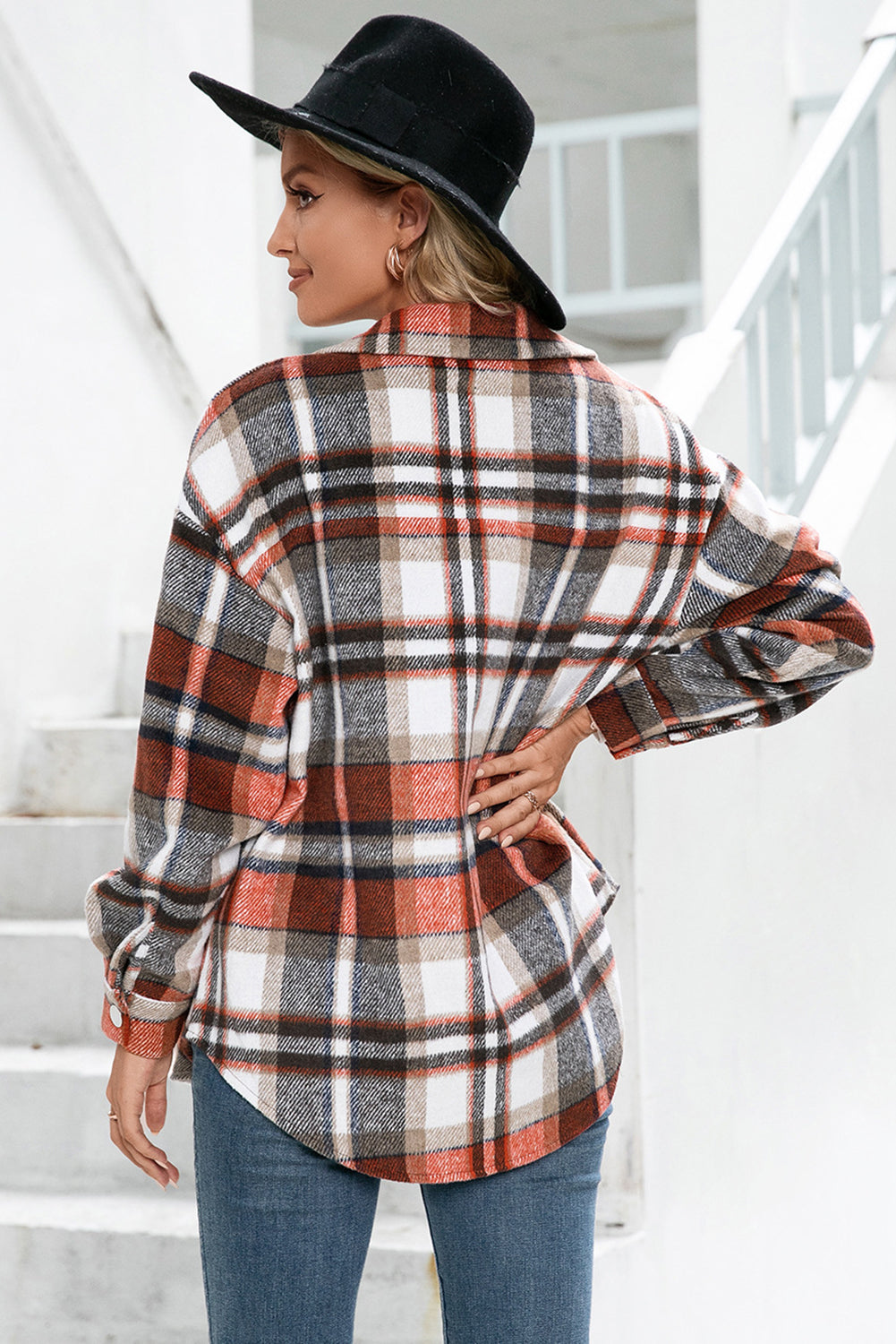 Orange Chest Pockets Flannel Plaid Shirt