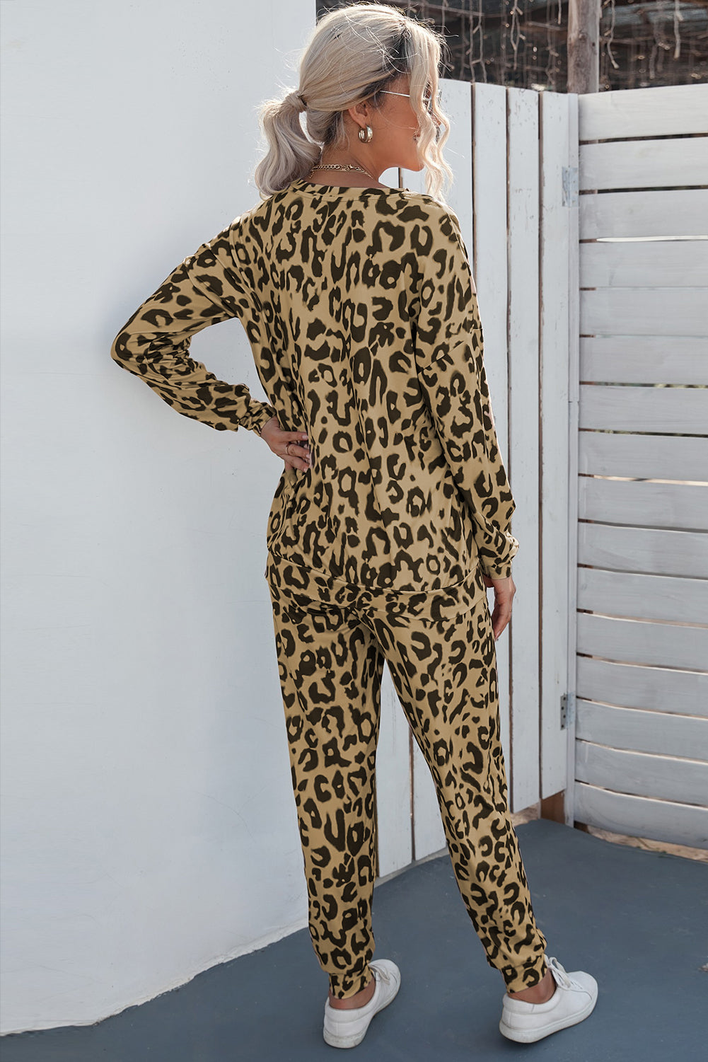 Leopard Print Long Sleeve Top and Drawstring Pants Set