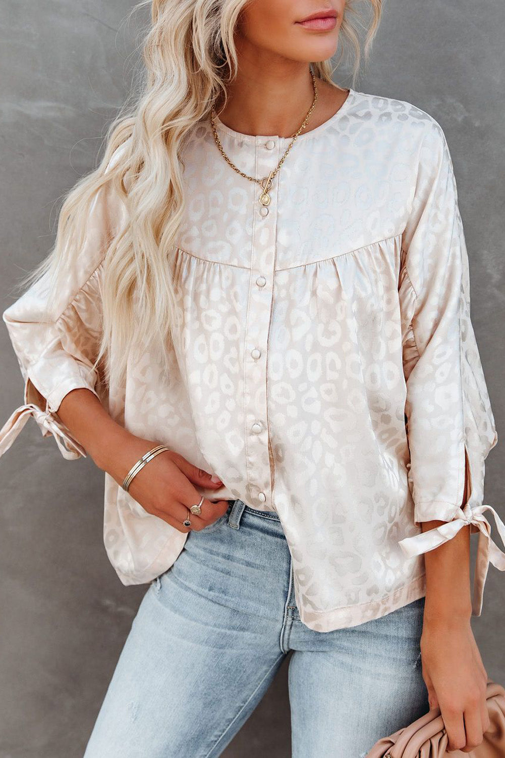 Apricot Leopard Print Satin Tie Knot Buttoned Shirt