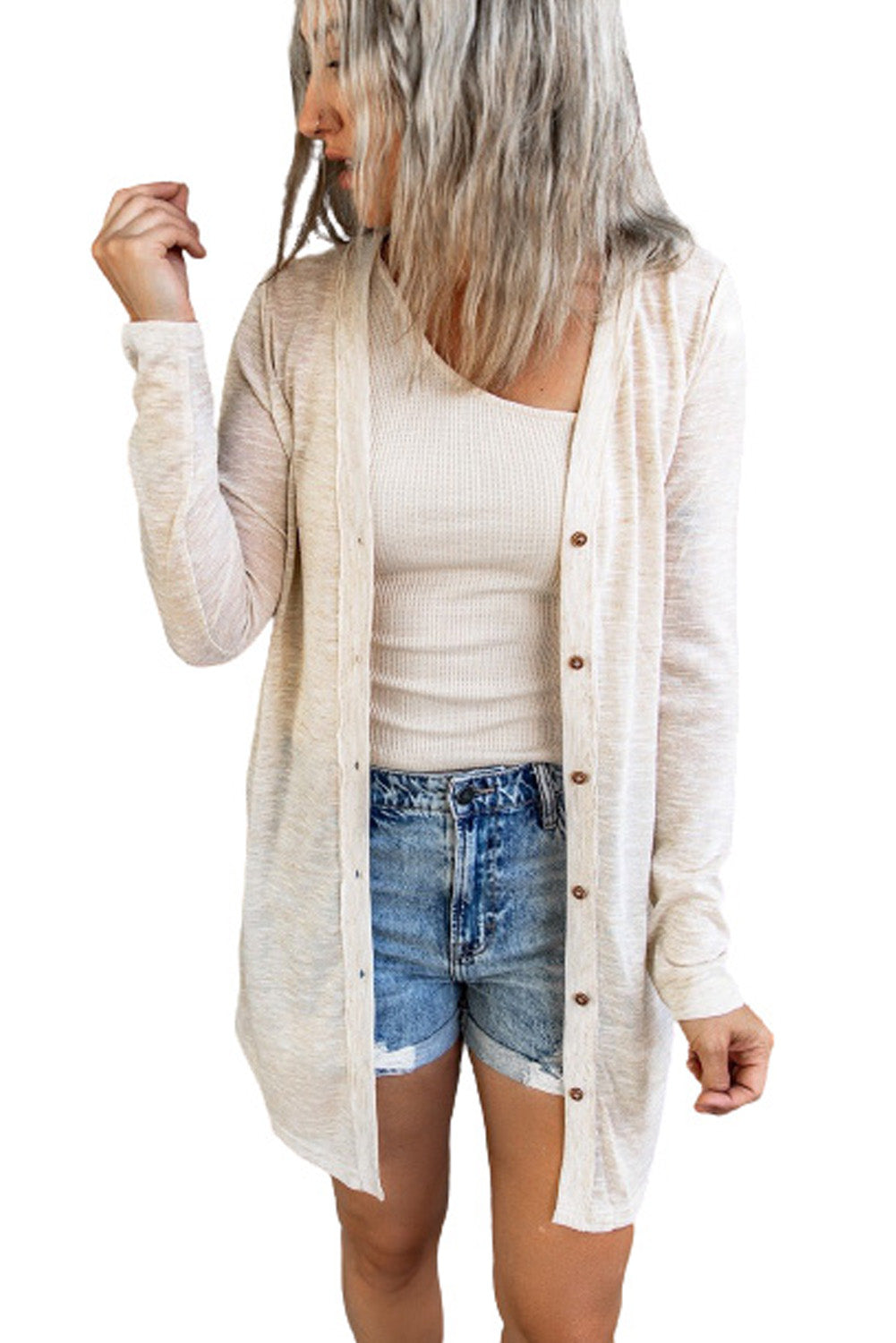Beige Solid Color Open-Front Buttons Cardigan