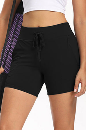 Black Tie Waist Pocket Slim-fit Yoga Shorts