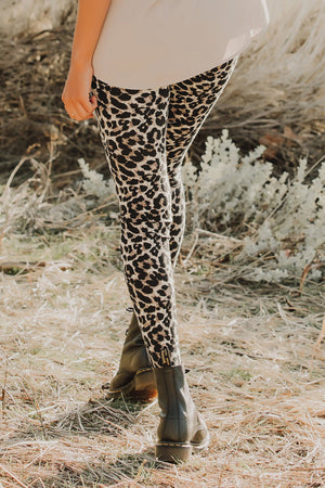 Floral Hollow Out Brown Leopard Printed Skinny Leggings