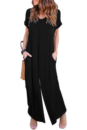 Black Solid Color Short Sleeve Wide Leg Jumpsuit with Pocket