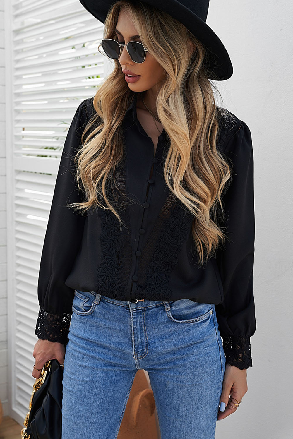 Black Lace Splicing Buttoned Shirt