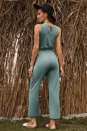 Green V Neck Elastic Waist Sleeveless Jumpsuit