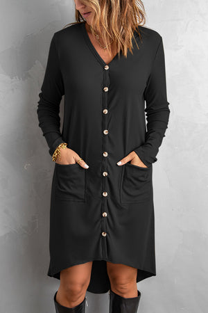 Black Selected Button Pocketed High Low Cardigan