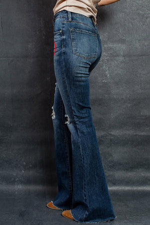 Heart Print Ripped Bell Jeans