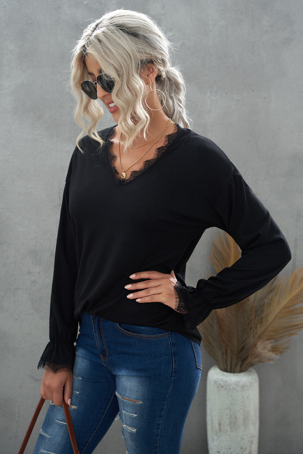 Black Solid Color Lace V Neck Long Sleeve Top