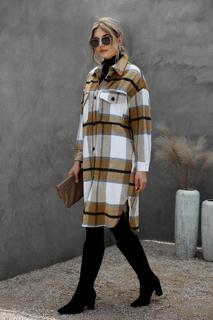 Khaki Turn Down Collar Pocket Buttoned Plaid Print Coat