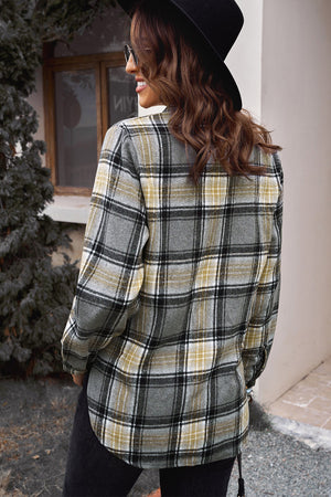 Gray Oversize Rounded Hem Plaid Shirt with Slits