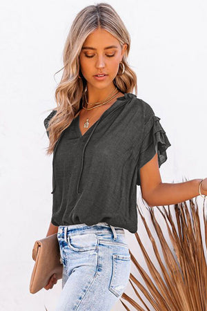 Gray Tiered Ruffled Drawstring V Neck Top
