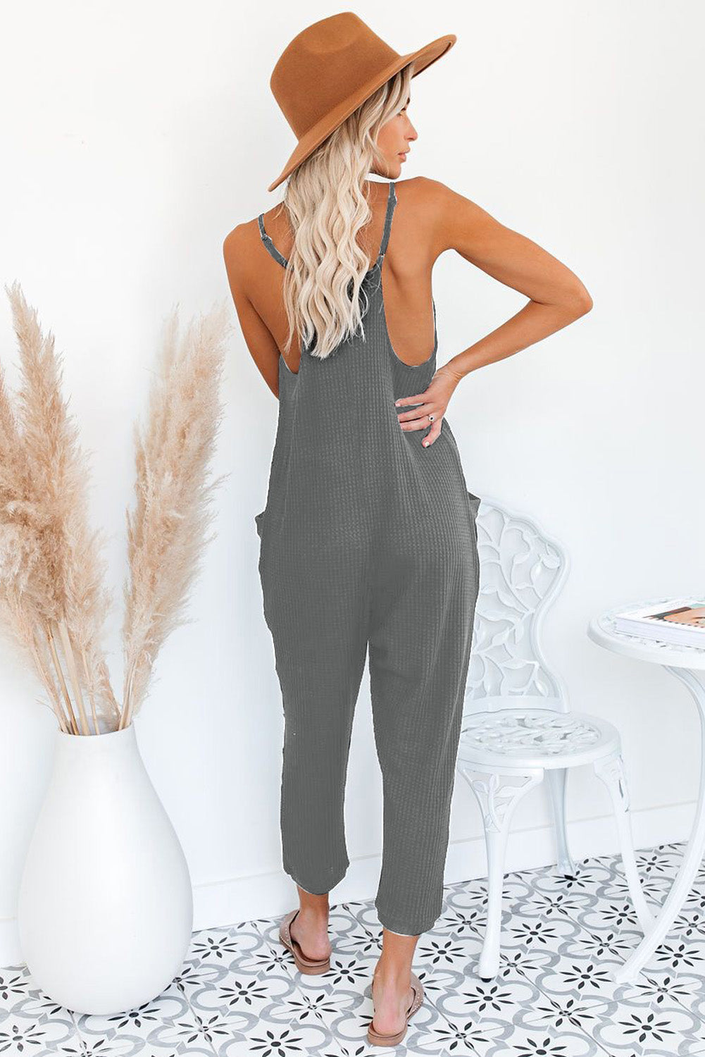 Gray Sleeveless Wide Leg Loose Jumpsuit with Pocket