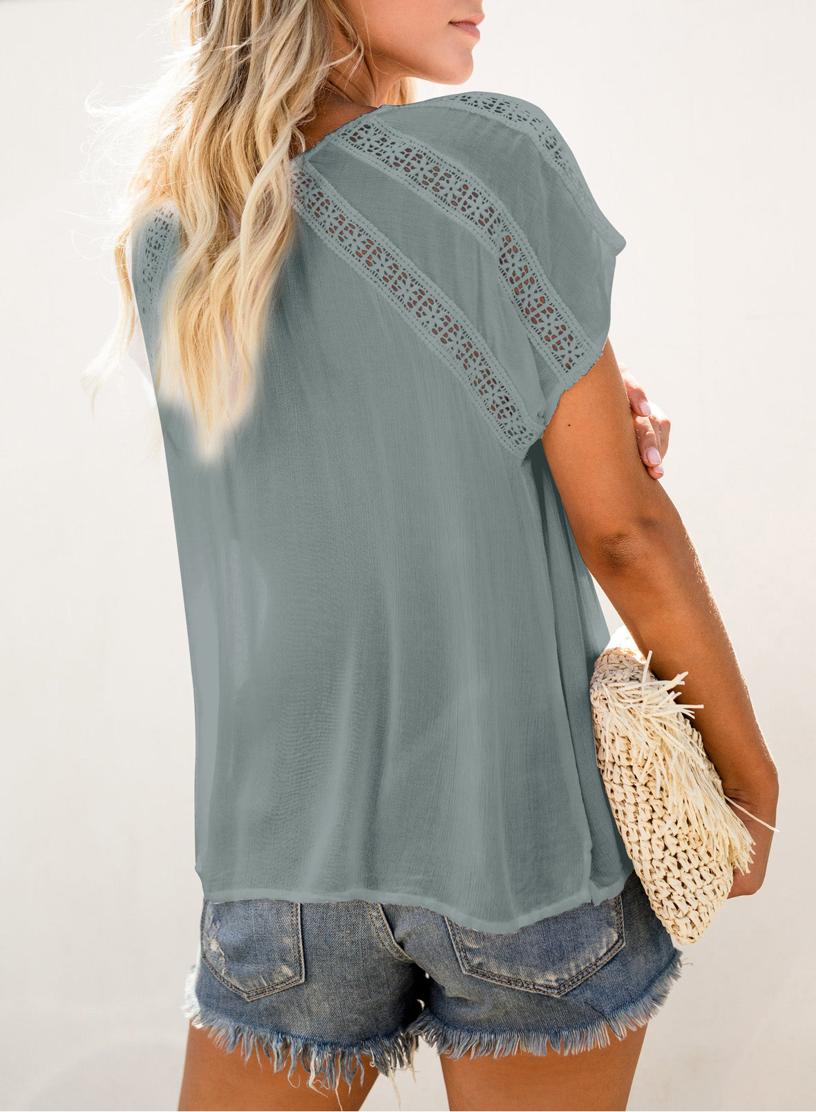 Crochet Eyelet Short Sleeves Top
