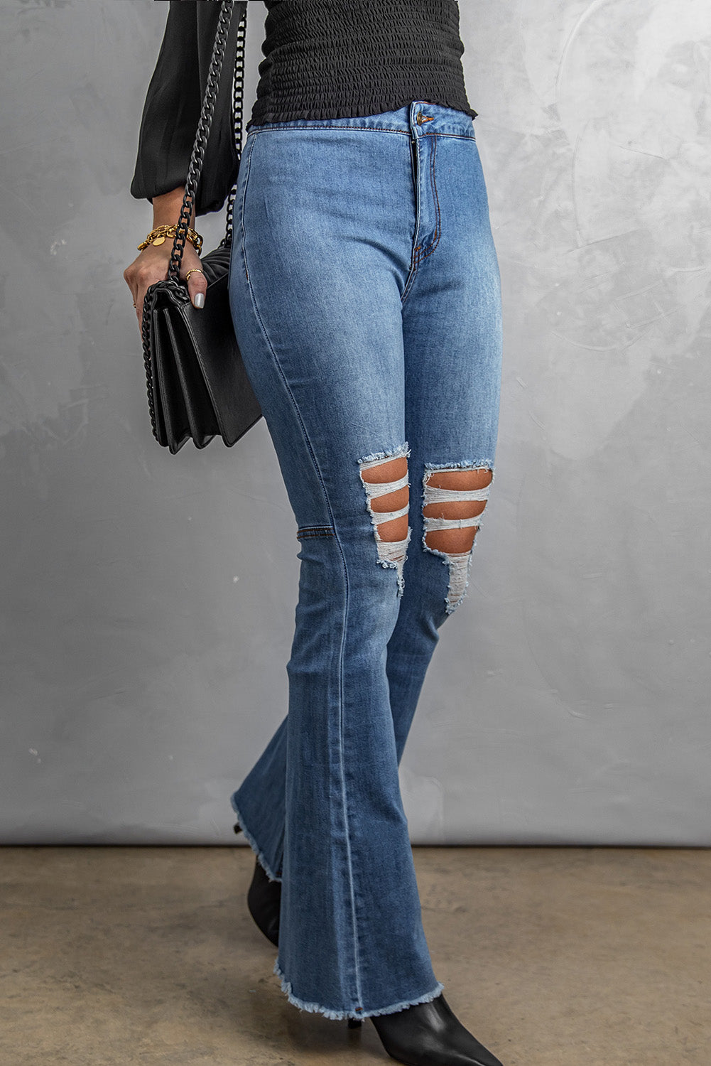 Sky Blue High Waist Raw Hem Button Ripped Flare Jeans