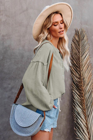 Green Casual Balloon Sleeve Crinkled Top