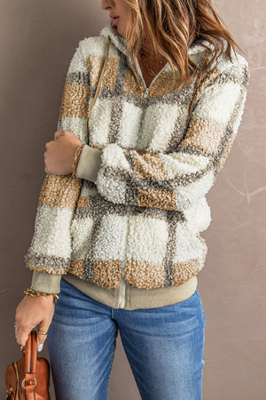Brown Plaid Print Zipper Fleece Hooded Coat