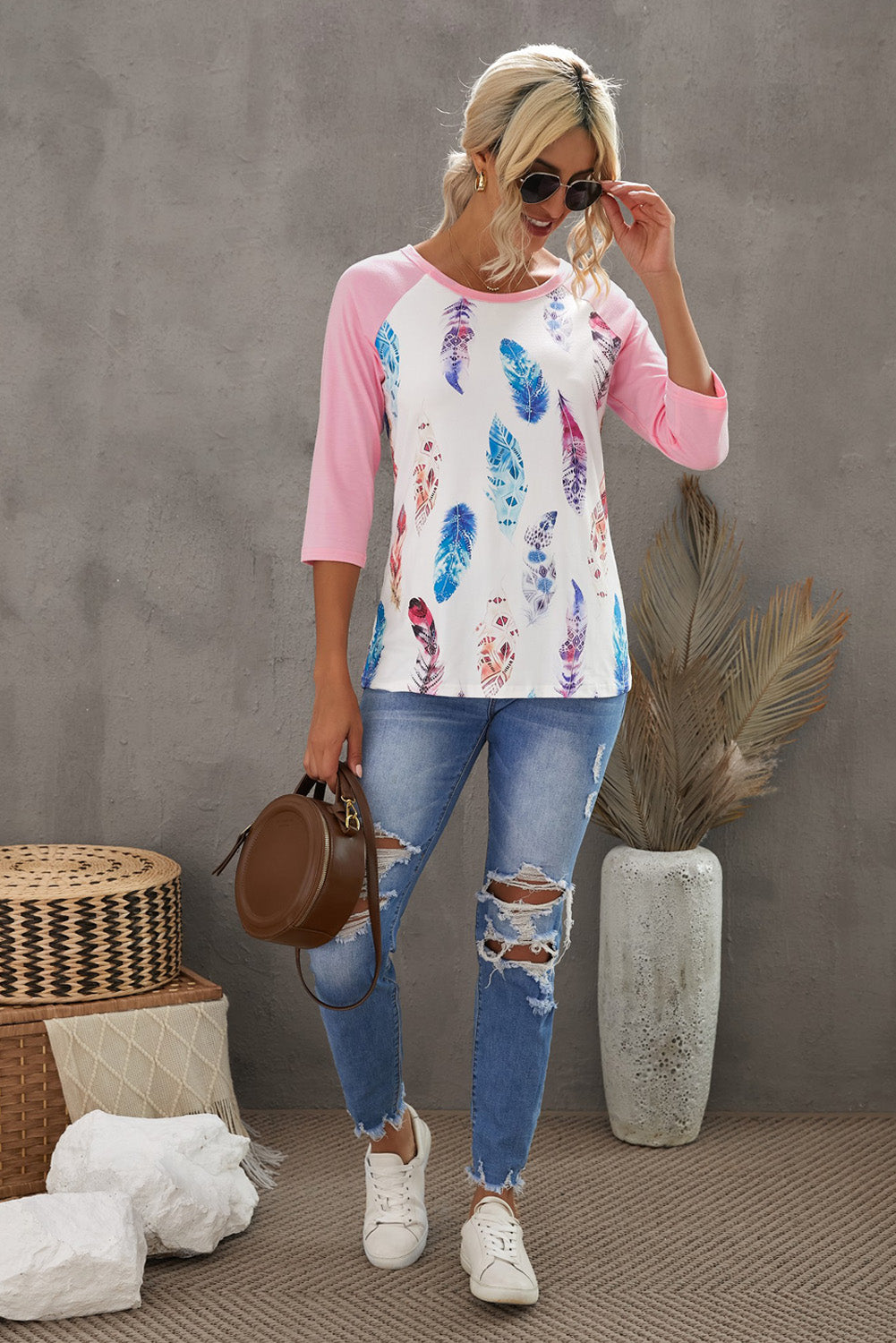 Pink Feather Print 3/4 Raglan Sleeve Top