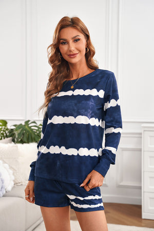 Blue Tie-dyed Stripes Long Sleeve Shorts Lounge Set