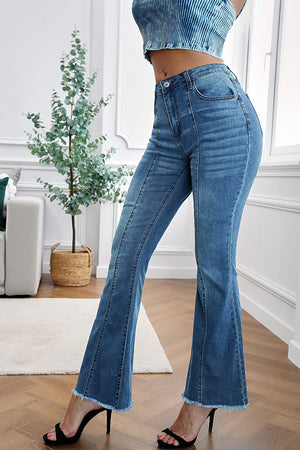 Blue Raw Hem Flared Jeans with Pockets