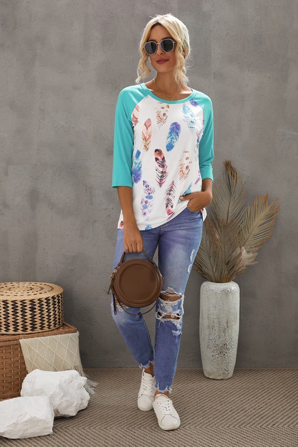 Green Feather Print 3/4 Raglan Sleeve Top