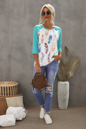 Green Feather Print 3/4 Raglan Sleeve Top