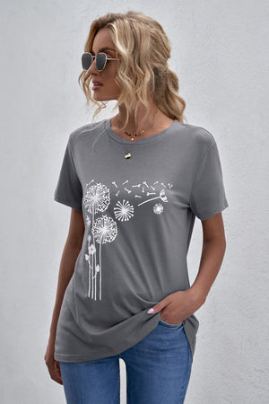 Gray Crew Neck Dandelion Print T-shirt