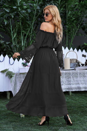 Black Off Shoulder Embroidered Flared Sleeve Lace Maxi Dress