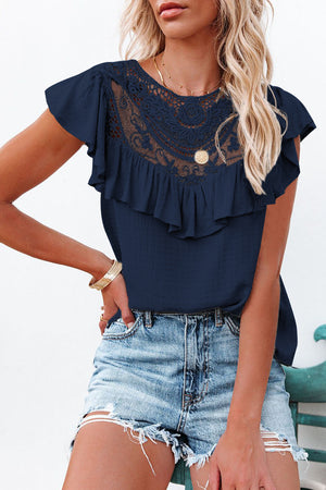 Navy Lace Splicing Ruffled Short Sleeve T-shirt