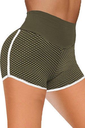 Green High Waist Honeycomb Contrast Stripes Butt Lifting Yoga Shorts