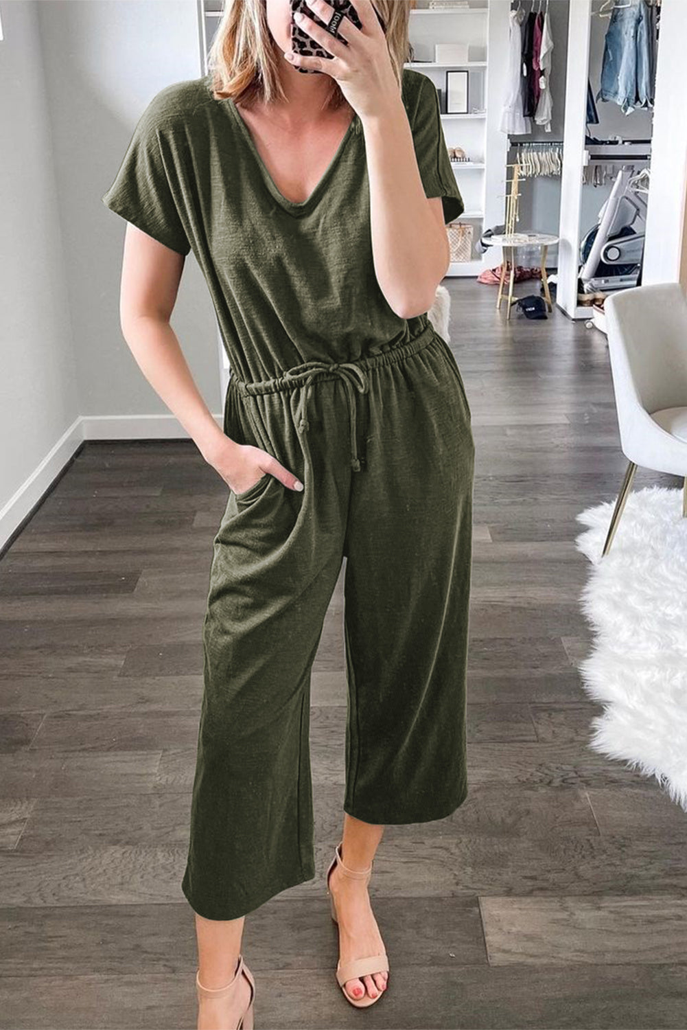 Green V Neck Short Sleeve Jumpsuit