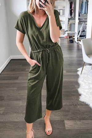 Green V Neck Short Sleeve Jumpsuit