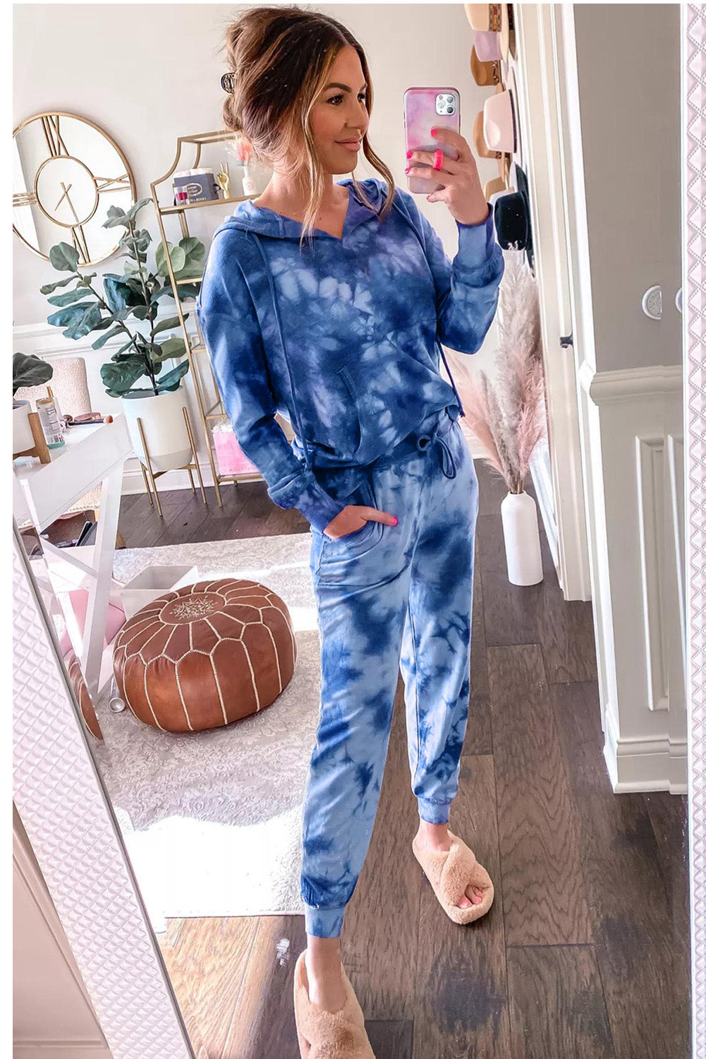 Blue Tie-Dye Drawstring Hoodie and Joggers Pants Loungewear Set