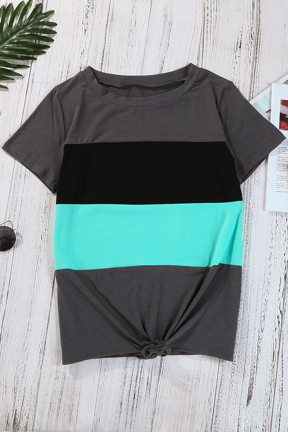 Gray Color Block Panel Front T-shirt with Knot