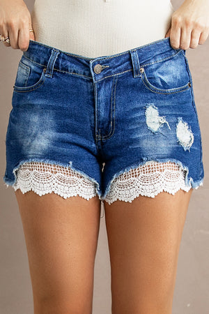 Lace Splicing Distressed Denim Shorts